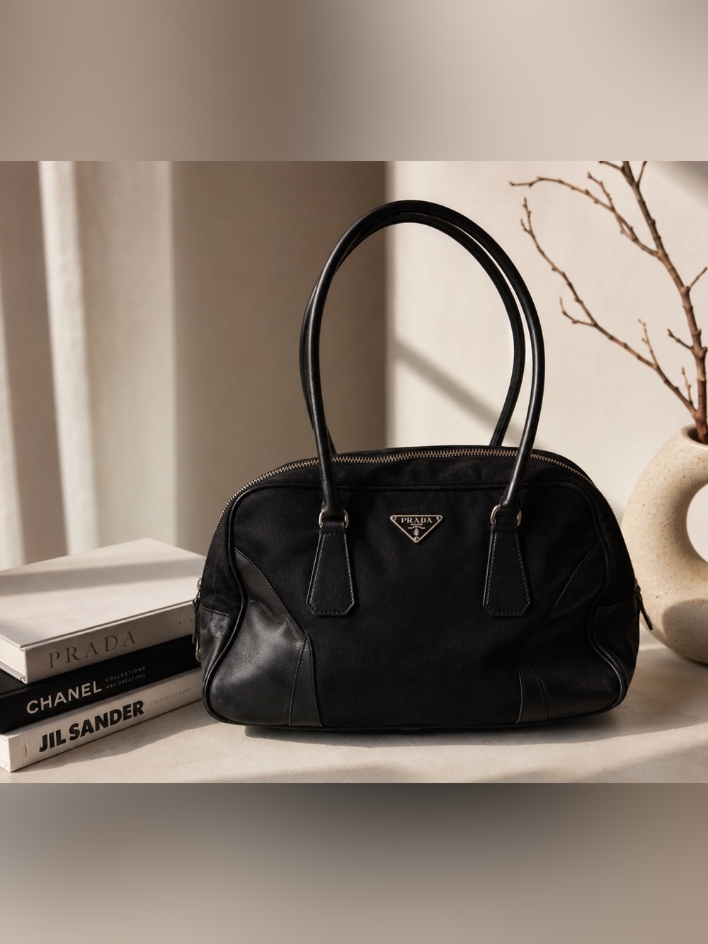 Prada Black Nylon Leather Triangle Logo Bowling Shoulder Bag